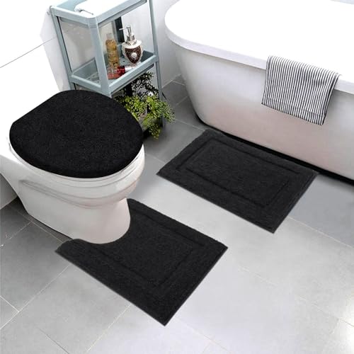 SHACOS Bathroom Rugs Sets 3 Piece with Toilet Lid Cover | 16"x24"Bath Mat and 20"x24" U-Shape Contoured Toilet Mat Machine Washable Shaggy Absorbent Bath Rugs (Black) - color: Black, size: 16"x24"+U-Shape 20"x24"+Lid Cover 19"x21"