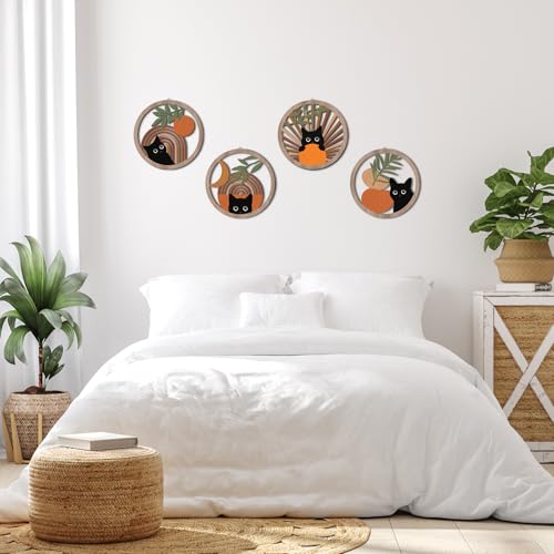HPNIUB Boho Black Cat Wall Decor, Farmhouse Geometric Hanging Wooden Wall Art, 4 Pieces 10''x10'' Mid Century Bohemian Abstract Moon and Sun Wood Sign for Nursery Bedroom Decoration, Lovely Cat Gifts - color: Cat style A