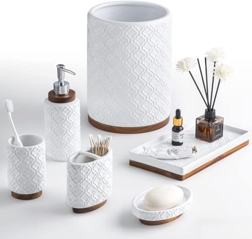 RQYIXI 6Pcs Ceramic Bathroom Accessories Set,Cream White,Embossed Textured | Ceramic & Wooden Bathroom set includes: Soap Dispenser Toothbrush Holder Tray Tumbler Soap Dish Trash Can - color: B-white