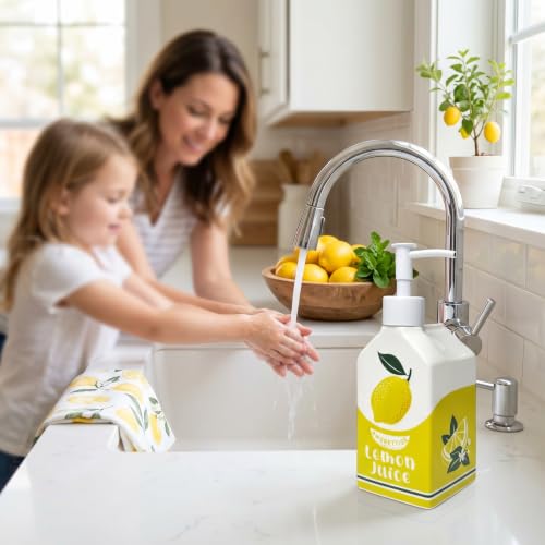 Ceramic Lemon Hand Soap Dispenser Pump Bathroom Kitchen Refillable Bottle | Cute Funny Design, Refillable, Reusable, 300ml/10oz - color: Lemon