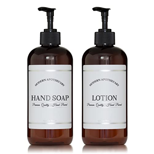 Amber Refillable Hand Soap and Lotion Dispenser Set for Bathroom Sink - PET Plastic Pump Bottles with Labels for Soap and Lotion - Waterproof Labels - 16 oz, 2 Pack (Black Plastic) - color: Black Pumps