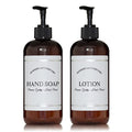 Amber Refillable Hand Soap and Lotion Dispenser Set for Bathroom Sink - PET Plastic Pump Bottles with Labels for Soap and Lotion - Waterproof Labels - 16 oz, 2 Pack (Black Plastic) - color: Black Pumps