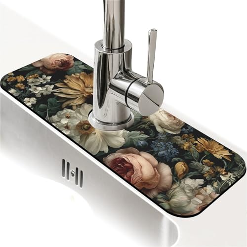 Kitchen Sink Splash Guard，Dark-floral Faucet Mat Sink Gadgets-Super Absorbent Fast Drying Mat Drip Catcher for Kitchen, Bathroom,Sink Mat, Dish Drying Mat, Bathroom(15" X 5.5" ) - color: Dark-floral