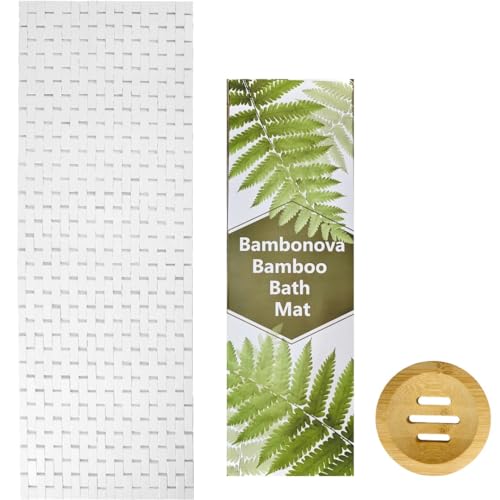 Bamboo Bath Mat White Bamboo Mat 48 x 16 Inches and Wooden Soap Dish Set Bathroom Rugs Bathtub Mat Non Slip Bath Mats for Bathroom, Kitchen Sauna Spa Hot Tub Outdoor Decor - color: White, size: 48x16