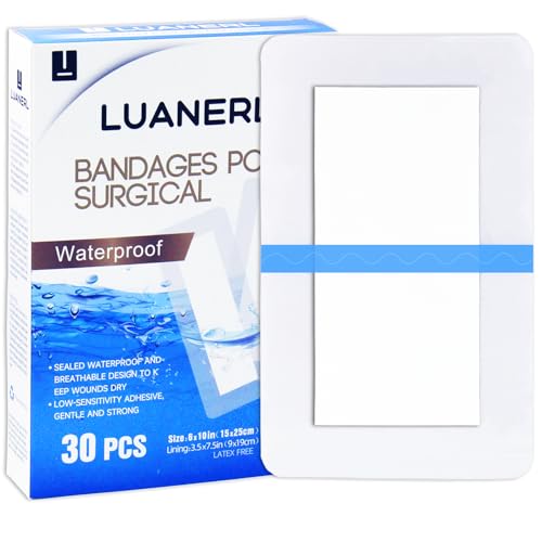 30 Pack 6"x10" Waterproof Adhesive Island Dressing for Post-Surgery Recovery | Sterile Bordered Gauze Bandages with Non-Stick Pad for Knee/Hip Replacement, Surgical Incision Care & Shower Protection - size: 6x10 in
