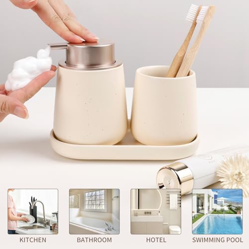 BosilunLife Ceramic Bathroom Accessories Set 3 Pcs, Foaming Soap Dispenser and Toothbrush Holder with Tray, Modern Farmhouse Vanity Decor, Apricot Housewarming Gift - color: Apricot, style: Foam