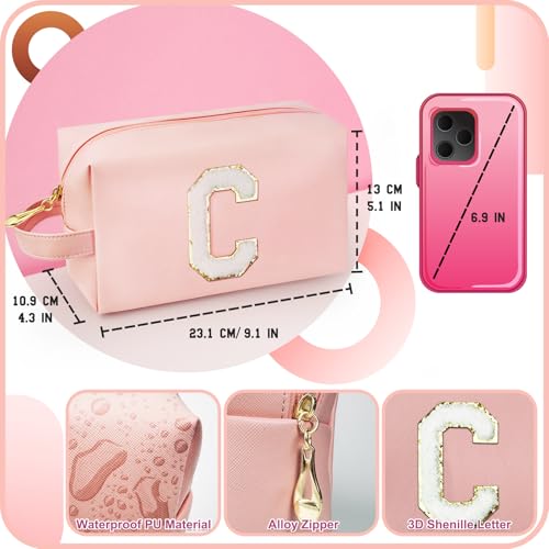 Personalized Initial Makeup Bag with Handle, Preppy Cosmetic Bag with Inner Zipper Pocket, 8 9 10 11 12 13 14 Years Old Girl, Graduation Gifts for Teen Girls Women Teachers (C, Pink) - color: Pink, style: C