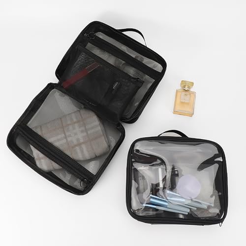 TSA Approved Toiletry Bag, Clear Makeup Bags with Multi Layer Mesh Pockets, Portable Large Capacity PVC Cosmetic Bags with Zipper for Travel Essentials - size: L+M