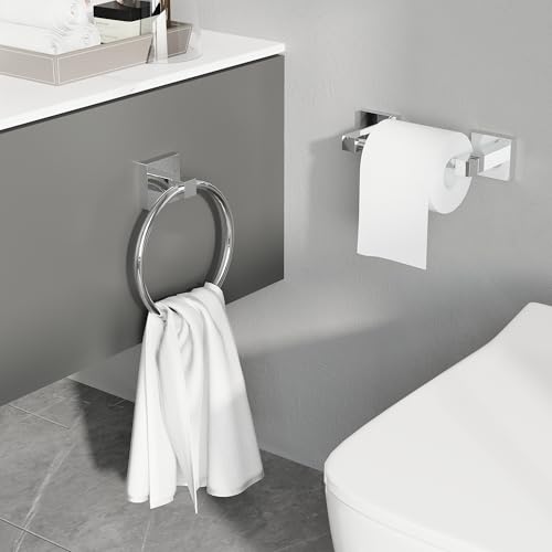 Ruacq Chrome Toilet Paper Holder Towel Ring Bathroom Accessories Hardware Set Double Post Pivoting Toilet Roll Holder Square Stainless Steel and Zinc Alloy Modern Wall Mounted 2 Pieces - color: Chrome, size: 2pcs