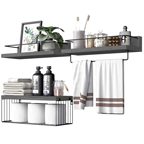 PopiShelves Bathroom Shelves Over Toilet for Wall, Floating Shelves with Storage Basket Paper Holer for Kitchen Living Room, Bedroom & Classroom, Set of 3 (Grey) - color: Grey, size: 15.7"