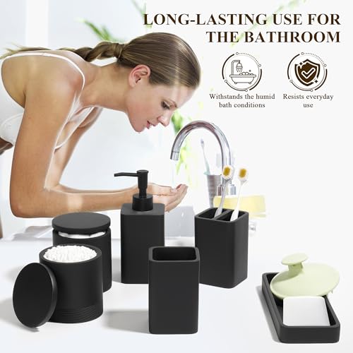 YMXYJM Bathroom Accessories Set, 6 Piece Bathroom Set with Toothbrush Holders, Soap Dispenser, Vanity Tray, Tumbler, Cotton Swab Jars, Bathroom Organizer，Bathroom Sink Sets, Matte Black - color: Black