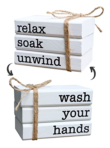 Farmhouse Mini Bookstack for Bathroom Decor Wooden Books for Restroom Shelf Decorative Accent for Guest Bathroom Sign, 2 Signs in 1 Reversible - Wash Your Hands/Relax Soak Unwind - color: wash your hands