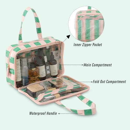 Travel Toiletry Bag for Women, Waterproof Clear Coated Portable Stripe Makeup Cosmetic Bag with Compartment, Travel Organizer for Shampoo, Conditioner, Brushes Set,Cosmetic Accessories(Pink-Green) - color: Green-Pink