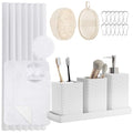 White Bathroom Set, White Bathroom Accessories Sets with Shower Curtain and No-Slip Bath Rugs, Natural Loofah Sponge, Soap Dispenser, Toothbrush Holder, Toothbrush Cup and Tray for Bathroom - size: Bath Set+Shower Curtain+Bath Rugs+2PCS Loofah, style: Whi