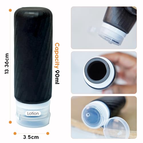 Laxen 5 Pack Travel Bottles for Toiletries, 3 oz TSA Approved Silicone Travel Bottles Set with Labels and Clear Toiletry Bag, Leakproof Refillable Squeeze Bottles for Shampoo Conditioner, Black - color: Black