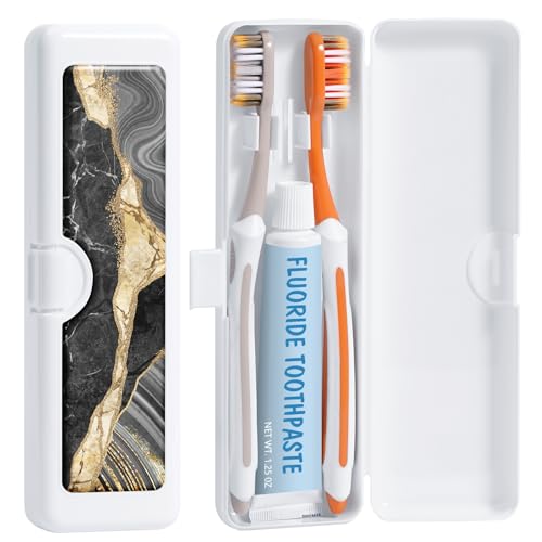 Toothbrush Travel Case - Colorful Pattern, Holder and Covers for Toothbrushes, Includes Tongue Scraper Case - color: Black Marble, size: Large