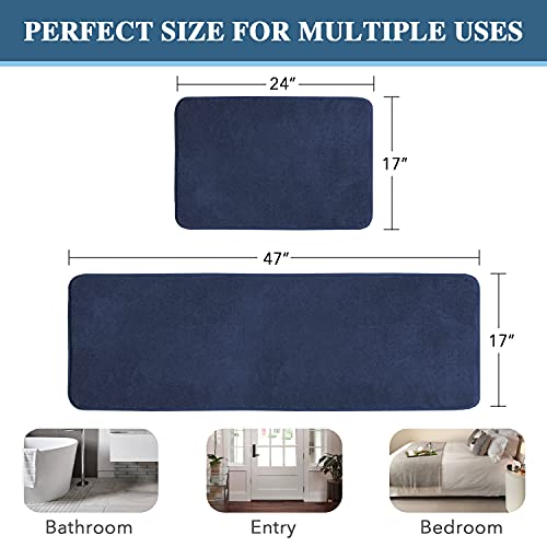 H.VERSAILTEX Kitchen Mat 2 PCS Non Slip Memory Foam Flannel Velvety Kitchen Runner Rugs Set - Water Absorbent Soft (47" x 17" + 24" x 17", Navy) - color: Navy, size: 47" x 17" Plus 17" x 24"