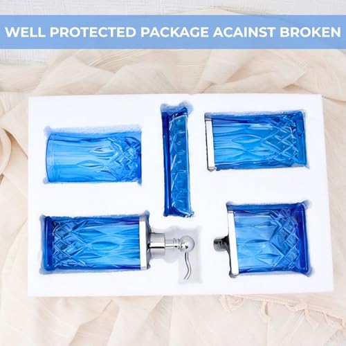 Bathroom Accessories Set,5 Pcs Blue Glass Bathroom Accessory Set,Complete Lotion Soap Dispenser, Toothbrush Holder,Soap Dish,Tumbler & Jar,Modern Bathroom Decor Sets Gift,Square - style: Square(Blue)