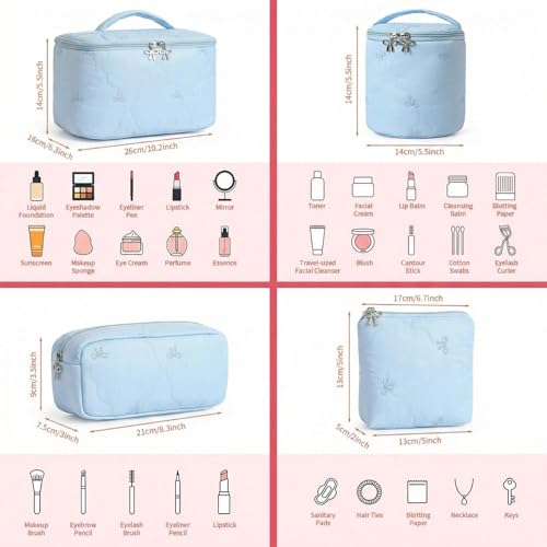 4Pcs Quilted Makeup Bag Set, Cute Bowknot Puffy Makeup Bag Toiletry Bag w/ Bow Zipper Travel Essentials Large Water-Resistant Travel Makeup Bag Versatile Cosmetic Organizer Pouch for Women Girls - color: Sky Blue