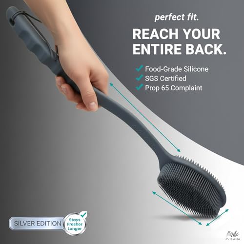Avilana Silicone Body Scrubber for Shower – SGS Certified Food Grade Dual Sided Bath Brush, Gentle Exfoliating Silicone Loofah Alternative, Sensitive Skin Body Brush (Dark Gray-Silver, Long Handle) - color: Dark Gray-silver, size: 19 inches