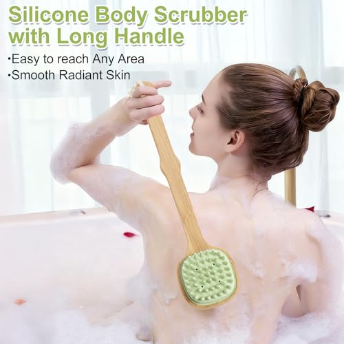 Silicone Back Scrubber for Shower, Silicone Bath Body Brush Loofah with Long Handle, Dual-Sided Shower Brush for Body, Green Exfoliating Body Scrubber for Men Women, Back Washer for Men with Hook - size: green-1pcs