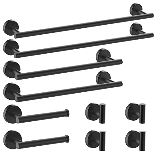 Newfun 10 Pieces Matte Black Bathroom Hardware Set - Includes 24 inch Towel Bar, Robe Hook, Toilet Paper Holder, Stainless Steel Bathroom Accessories Set for Bathroom Wall Mounted - color: Matte Black