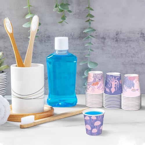 RUSPEPA 3 oz Bathroom Cups, Kids Disposable Paper Cups - 100 Pack Set Pink Purple Ocean Printed - Mini Mouthwash Rinse Paper Cups for Home Bathroom, Picnic, BBQ, Travel and Party - color: Ocean, size: 3oz