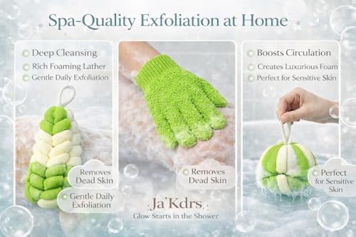 Ja'Kdrs Loofah and Exfoliating Glove Set, 2 Piece Bath Sponge Set (Lime Green & White) - color: Lime Green & White