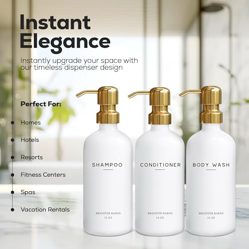 Luxury Shampoo and Conditioner Dispenser Set by Brighter Barns - Shower Soap Dispenser - Shampoo Conditioner Body Wash Dispenser & Pump - White and Gold Bathroom Accessories in Spa, Hotel, Gift (Gold) - color: Gold