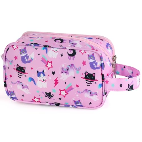 Kids Toiletry Bag for Girls, Travel Toiletry Bag for Little Young Girls Cosmetic Bag Makeup Bag Waterproof Hanging Wash Bag Toddler Toiletries, Cat Pink - color: Pink Cat