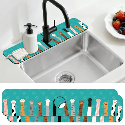 2 Pcs Kitchen Sink Splash Guard Faucet Mat Cat Paws Pattern Faucet Mat for Sinks Absorbing Drying Mats for Kitchen Bathroom - color: Cat Paws Pattern
