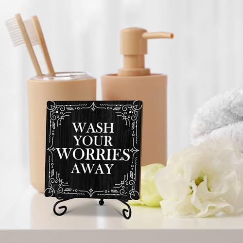 5" Gothic Bathroom Decor, Wash Your Worries Away Sign, Black Bathroom Laundry Room Decor, Bathroom Guest Bathroom Decoration, Funny Toilet Bathroom Plaque Sign Table Shelf Sink Decor-A04 - color: Wash Your Worries-04