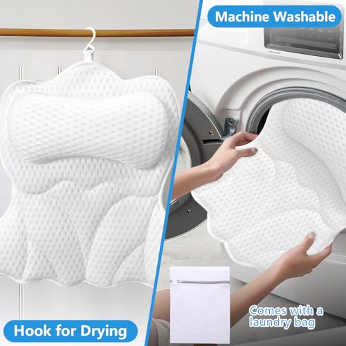 REEZEIVI Bath Pillows for Tub,Bath Pillow with 6 Non-Slip Suction Cups,Soft 4D Mesh Fabric,Bathtub Pillows for Tub Neck and Back Support,Extra Thick Luxury Bathtub Pillows,White - color: White