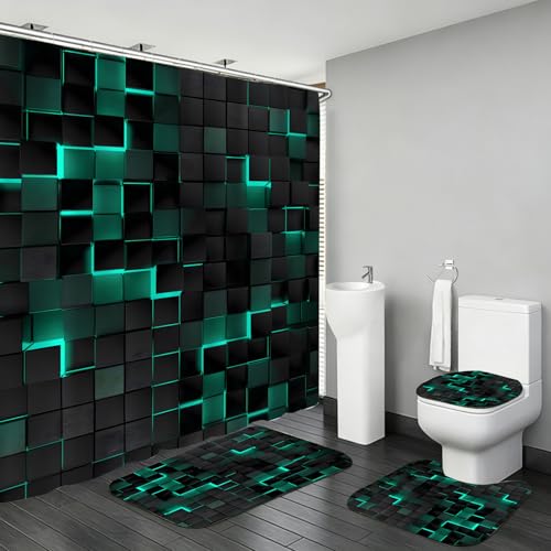 LQCOOL 4Pcs Green Shower Curtain Set 3D Cubes Bathroom Sets Modern Shower Curtain Set for Bathroom Sets with Rugs Black and Green Shower Curtain with 12 Hooks - color: Black Green