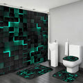 LQCOOL 4Pcs Green Shower Curtain Set 3D Cubes Bathroom Sets Modern Shower Curtain Set for Bathroom Sets with Rugs Black and Green Shower Curtain with 12 Hooks - color: Black Green