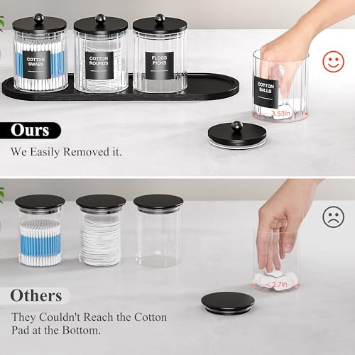 masadi 4 Pack Glass Qtip Holder Set with Tray- Bathroom Countertop Set Organizers, Cotton Round Swab Holder Dispenser Cotton Ball Holder, Apothecary Jars with Lids, Floss Pick Containers - ms Black