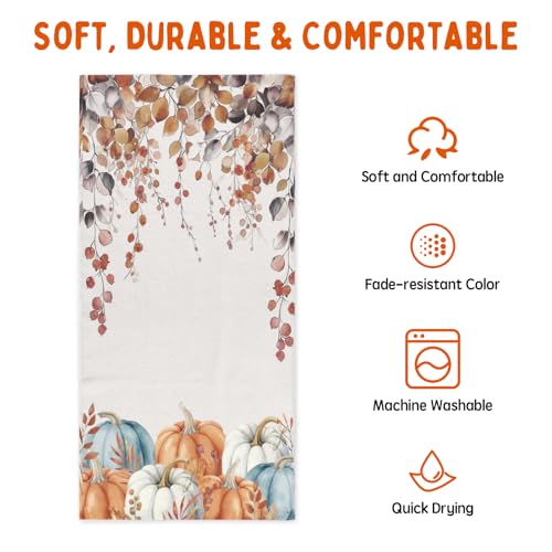 Fall Hand Towels for Bathroom 14.4 x 28.3 Inch Orange Blue Pumpkin Bath Towel Set of 2 Autumn Leaf Hand Towel Thanksgiving Kitchen Towels for Bathroom Hotel Gym Spa Decor - color: Fall Blue