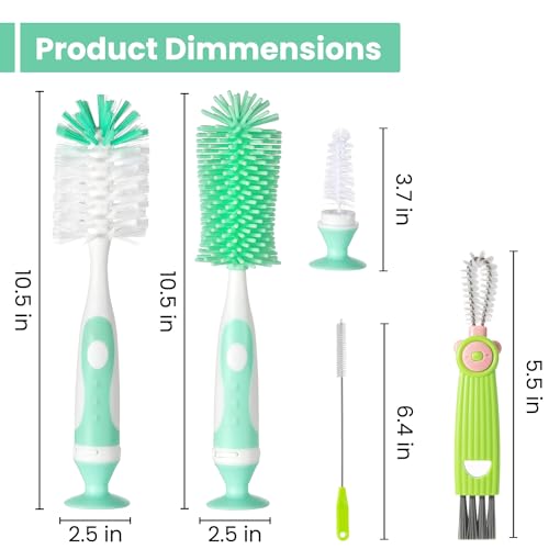 Ariseno 5-in-1 Baby Bottle Brush Set, Bottle Brush for Baby, Bottle Cleaner Brush Set, Including Nylon and Silicone Bottle Brush, Bottle Cap Brush, Straw Brush, Nipple Brush, BPA-Free (Green) - color: Green-nylon Silicone