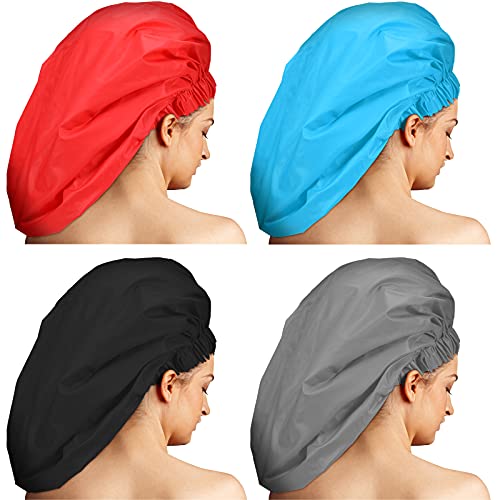 4 Pack Super Jumbo Shower Cap for Women, Extra Large Waterproof Hair Cap for Long Hair, Braids, Dreadlocks, Reusable Bath Caps with Elastic Band(Blank Pattern,Black, Grey, Blue, Red) - color: Black, Grey, Blue, Red