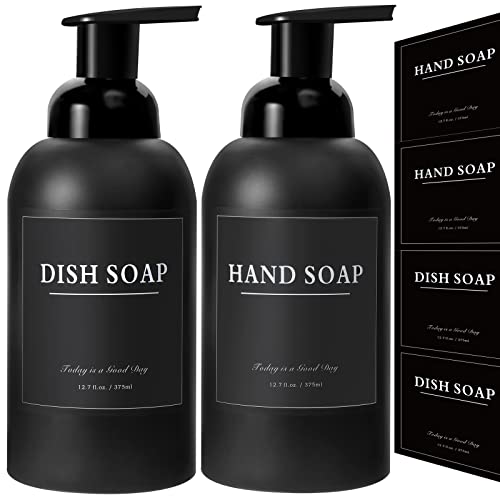 rejomiik 2 Pack Foaming Thick Glass Foam Hand Soap Dispenser for Bathroom or Kitchen Sink, 13 oz Pump Bottles for Hand soap, Body Wash, Matte Black - color: Black