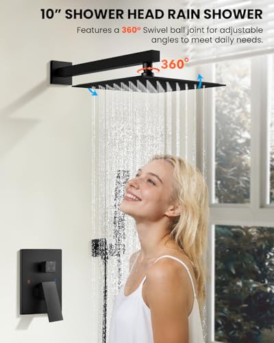 gotonovo Shower System with Tub Spout,Waterfall Tub Shower Faucet Set for Bathroom Head and Handle Set Wall Mounted 3 Function Rough-in Valve and Trim Included 10 inch Shower Head Matte Black - color: Matte Black, size: 10 inch Shower Head