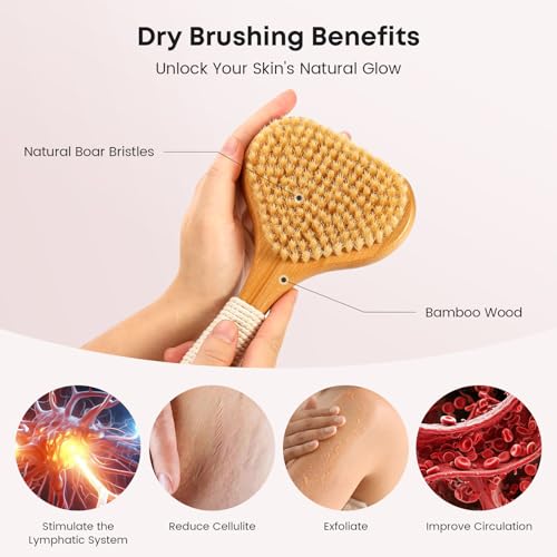 eaxun Bamboo Dry Brushing Set with Body and Face Brush, Dry Scrub Brush with Exfoliating Natural Boar Bristle for Lymphatic Drainage, Cellulite Reduction, Blood Circulation and Glowing Skin, 2 Pack - color: Boar Bristles
