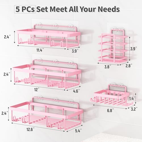 Liuoud 5 Pack Shower Caddy Organizer Rack Shelf for Inside Shower, Adhesive Bathroom Wall Storage Basket Rustproof Stainless Steel Shampoo Holder, Girly Bathroom Accessory Decor Set, Pink - color: Pink