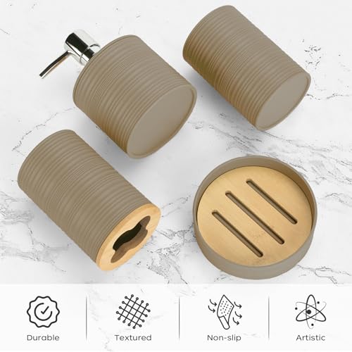 4 PCS Beige Bathroom Accessories Set, Includes a Soap Dispenser, Toothbrush Holder, Soap Dish and Mouthwash Cup, Plastics & Bamboo Bathroom Set, Bohemian Style Bathroom Sink Set - color: Beige, size: 4 PCS