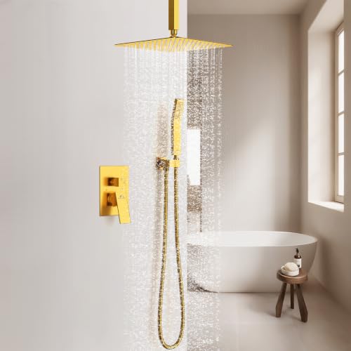 SunCleanse Rainfall Shower System Brushed Gold Ceiling Mounted Shower System Combo Set with High Pressure 12 Inches Square Rain Shower Head Handheld and Shower Faucet Rough-in Mixer Valve and Trim - color: Brushed Gold, style: 12-ceiling