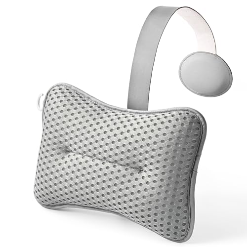 Large Pillow for Hot Tub (Grey), Spa, and Chaise Lounge - Universal Headrest & Neck Support Cushion, Adjustable Height with Long Strap, Easy Drying with Hook (1-Pack)