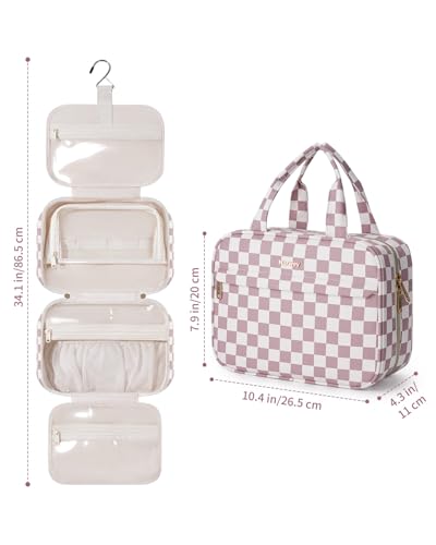Narwey Hanging Toiletry Bag for Women Checkered Travel Makeup Bag Organizer Cosmetic Make up Toiletries Bag for Travel Essentials Accessories (Dusty Pink Checkerboard, Medium) - color: Dusty Pink Checkerboard, size: Medium