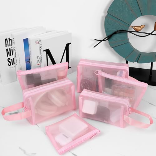 6 Pieces Zipper Mesh Makeup Bags Set, Nylon Cosmetic Bags Portable Clear Toiletry Bas Travel Organizer Bags for Office Travelling Organization (Pink, Assorted Size) - color: Pink