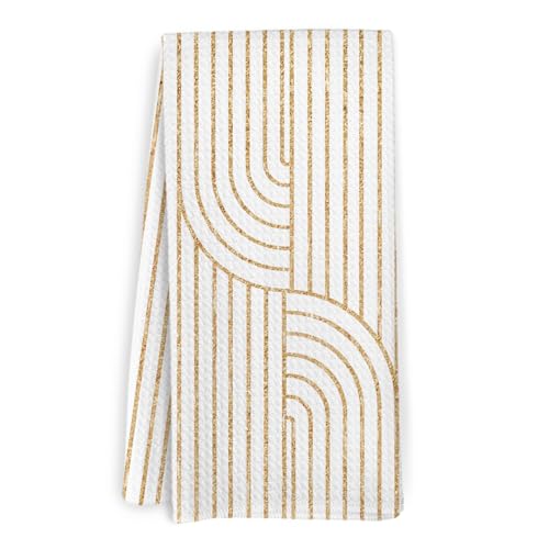 White Gold Abstract Kitchen Towels, Mid Century Modern Dish Towels, Boho Minimalist Line Decorative Hand Tea Towel for Bathroom Kitchen, 16x24 Inches - color: White Gold