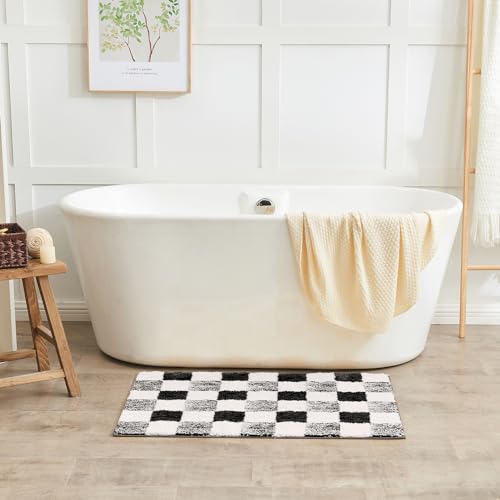CozeCube Bath mats for Bathroom Non Slip, Fluffy Absorbent Microfiber Bath mat Washable, Aesthetic Bathroom Rugs, Cute Jet Black Checkered Bath mat, Jet Black, 32" x 20" - color: Checkered-jet Black, size: 2'8" x 1'8" (Rectangular)
